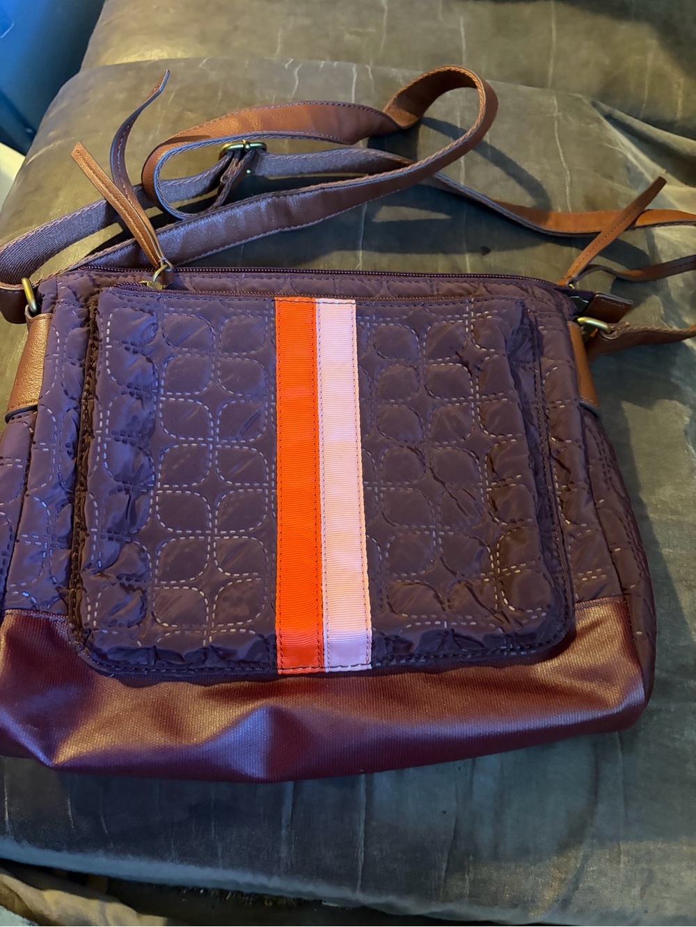 Fossil Purple Crossbody Bag with Orange & Pink Center Stripe